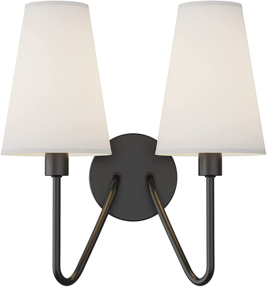 Electro bp;Double Head Classic 2 Lights Wall Sconces Lighting Fixture Black with Beige White Linen Fabric Lamp Shades E12 80W Hardwire;