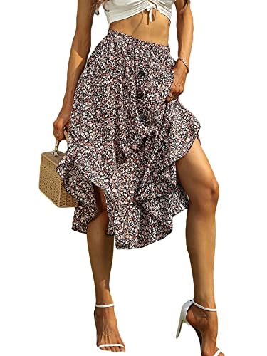 Women's Floral Print Button Front Ruffle Hem High Waist A Line Midi Skirts