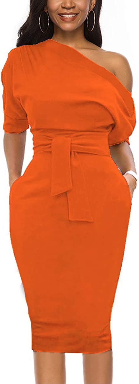 Womens Wear to Work Casual one Shoulder Belted Pencil Dress with Pockets