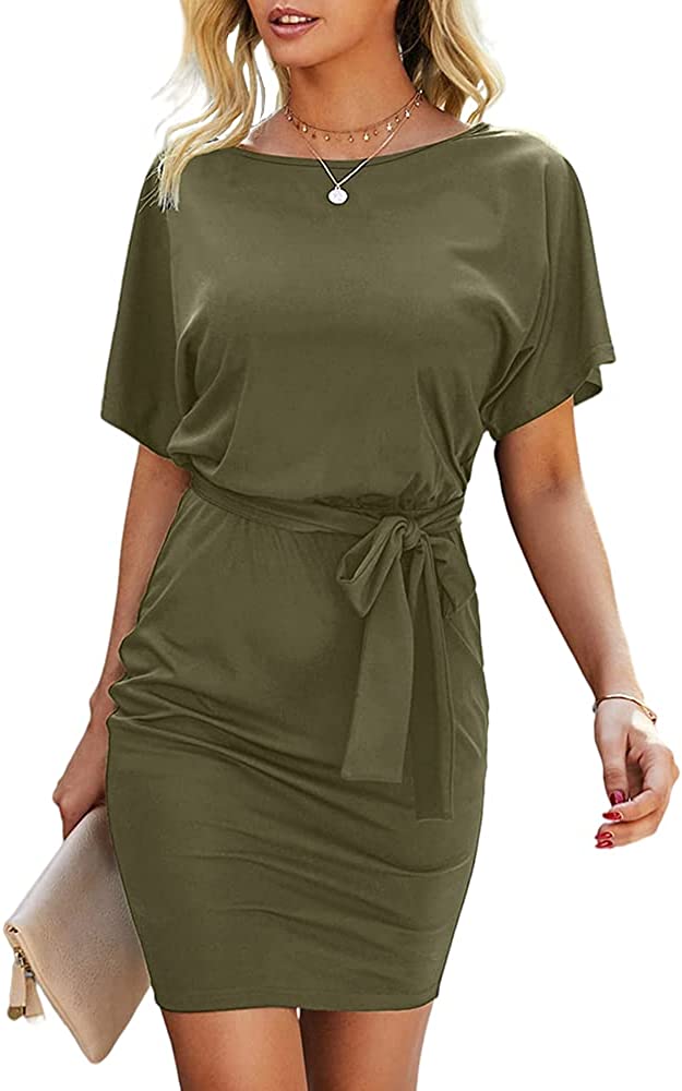 Women's Short Sleeve T Shirt Dresses Crewneck Tie Waist Work Office Bodycon Mini Dress