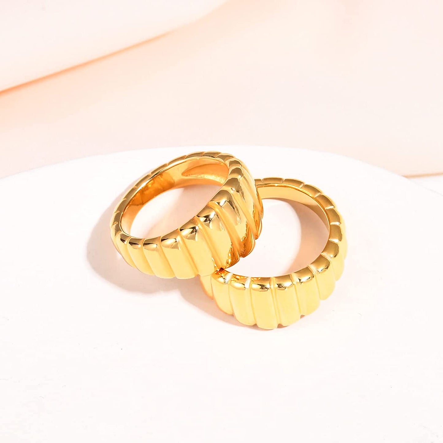 18k Gold Plated Croissant Chunky Band Ring, Ribbed Trendy Titanium Steel Statement Ring, Minimalist Dome Stackable Ring for Women and Men