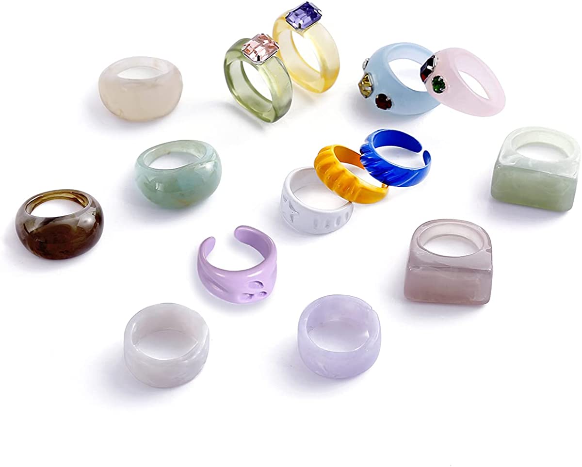 20 Pcs Resin Rings Acrylic Cute Trendy Rings Colorful Rhinestone Rings Jewelry Plastic Resin Square Gem Stackable Chunky Ring for Women Girls
