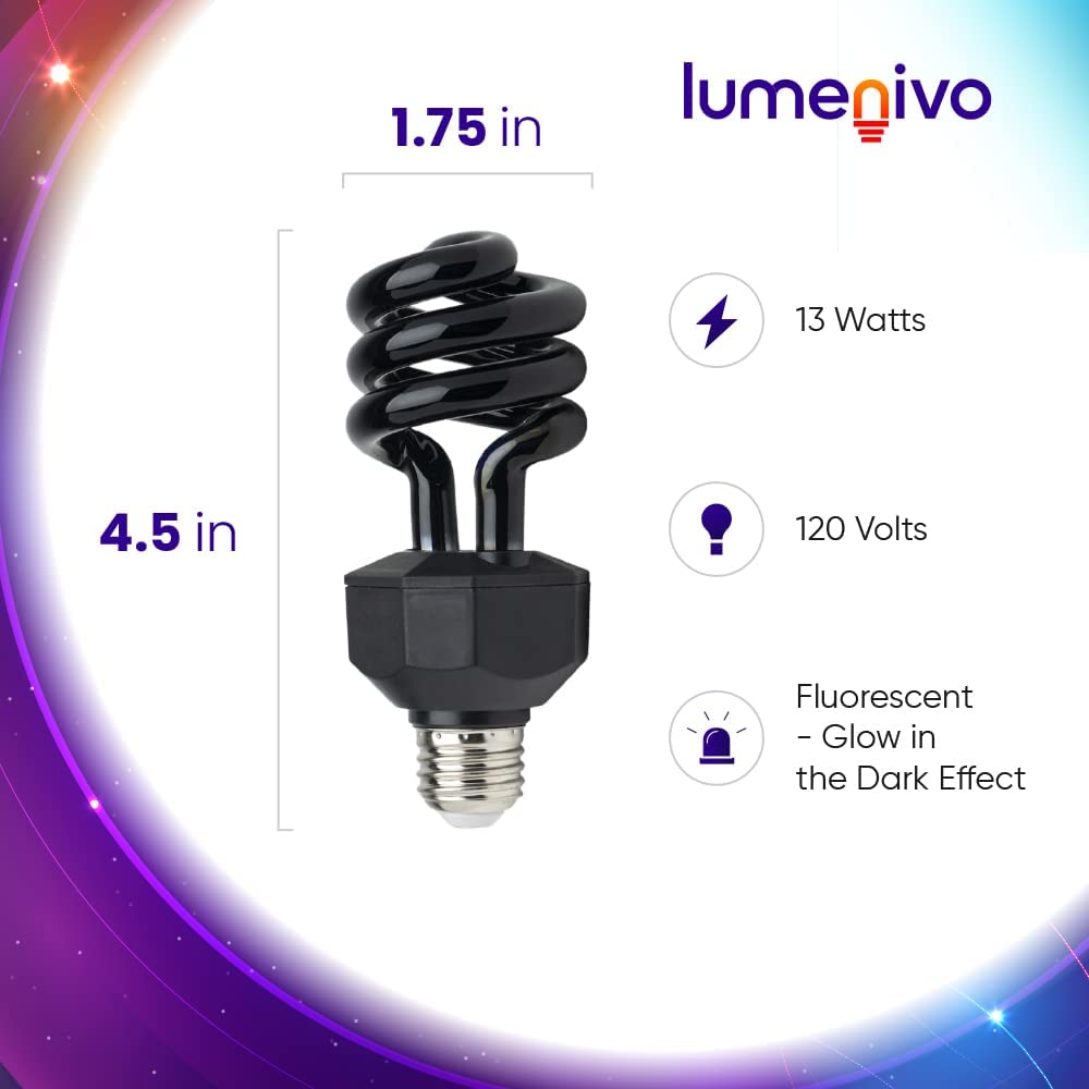 13W CFL Blacklight Bulb by Lumenivo - Spiral Black Light CFL Bulb E26 Medium Screw Base for Halloween, Party, Decorative Lighting - Glow in The Dark Effect - 120V - 2 Pack