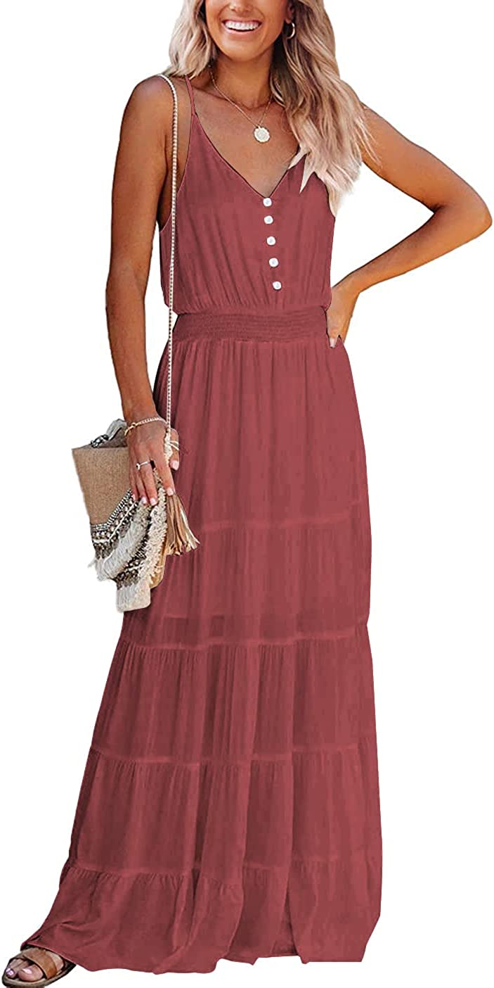 Women's Causal Summer Dress Spaghetti Strap Sleeveless High Waist Beach Long Maxi Dresses
