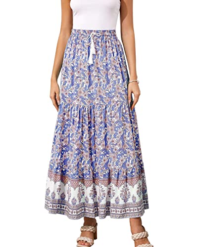 Women's Boho Maxi Skirts Elastic Waist A Line Flowy Tiered Button Split Floral Skirt
