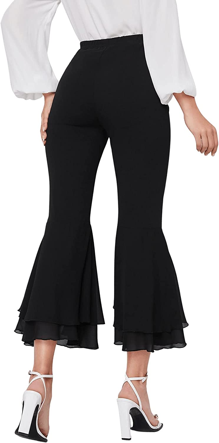 Women's Elastic Waist Layered Ruffle Flare Bell Cropped Pant