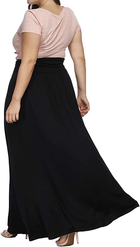 Women's Plus Size Shirring High Waist Pleated Long Maxi Skirt with Pockets