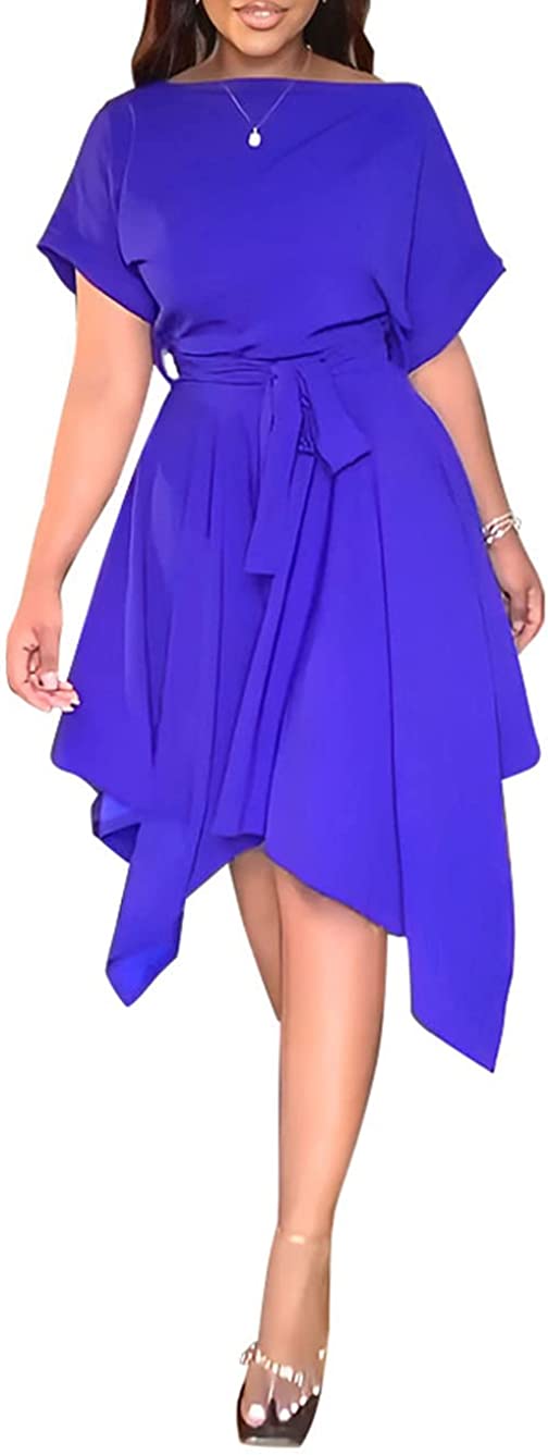 Women's Elegant Wear to Work Belted Pleated Flared Short Sleeve V Neck Casual Midi Dress for Cocktail Party