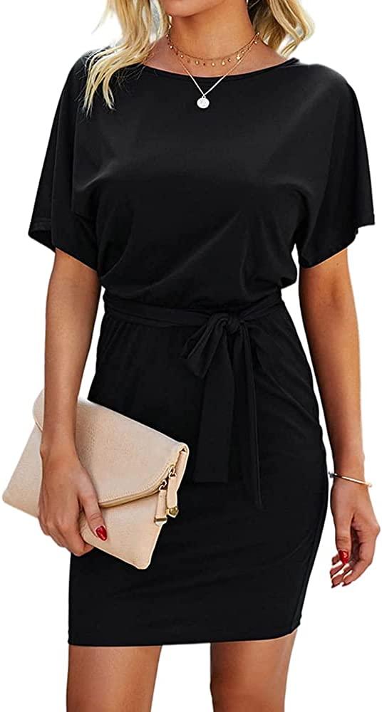 Women's Short Sleeve T Shirt Dresses Crewneck Tie Waist Work Office Bodycon Mini Dress