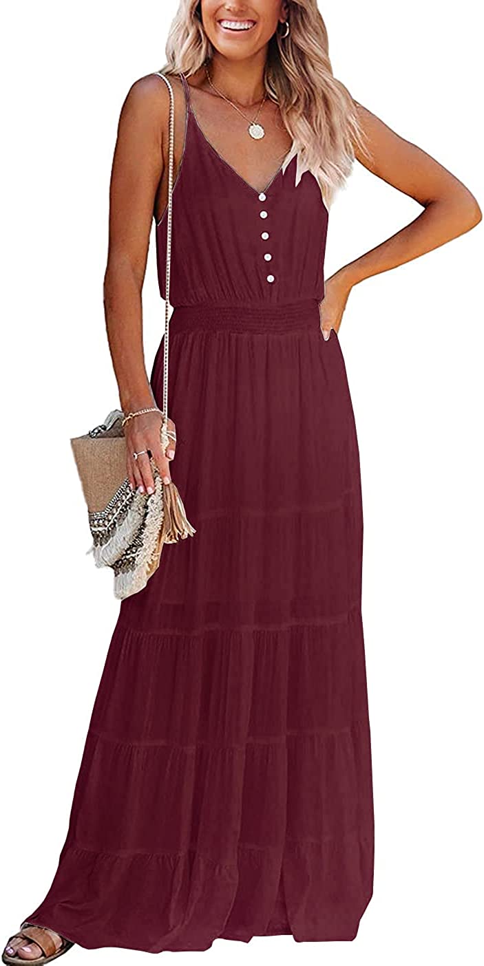 Women's Causal Summer Dress Spaghetti Strap Sleeveless High Waist Beach Long Maxi Dresses