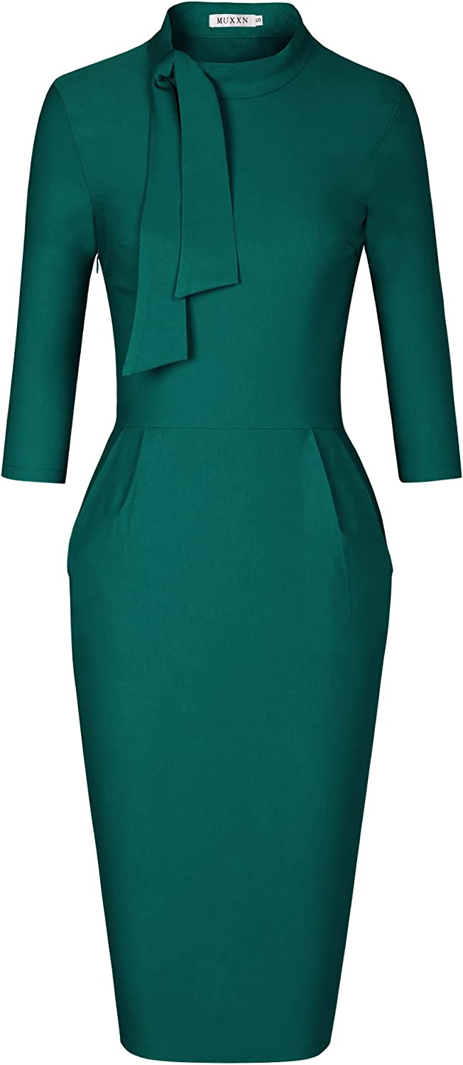 Women's Classic Vintage Tie Neck Formal Cocktail Dress with Pocket
