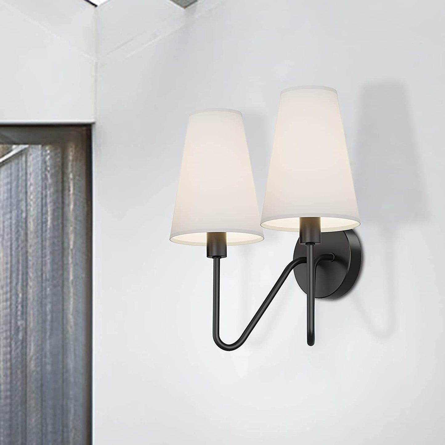 Electro bp;Double Head Classic 2 Lights Wall Sconces Lighting Fixture Black with Beige White Linen Fabric Lamp Shades E12 80W Hardwire;