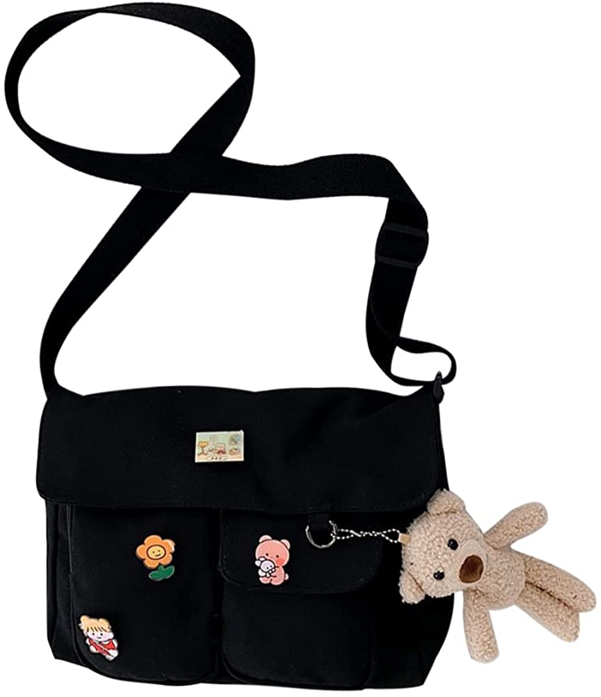 Canvas Crossbody Bag with Kawaii Pins and Pendent for Women Girls Casual Shoulder Messenger Bag Students Schoolbag