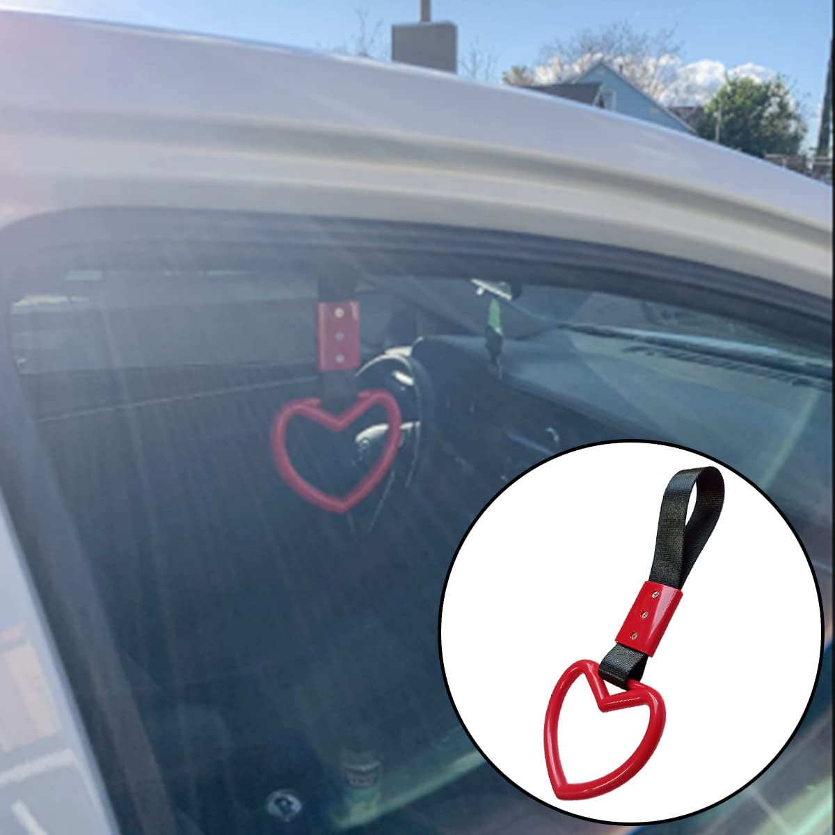2 Pieces Heart-shaped Jdm Tsurikawa Rings SUV Bus Car Handle Straps Japanese Bosozoku Subway Ring for Car Warning and Interior Exterior Decoration (Red/Black)