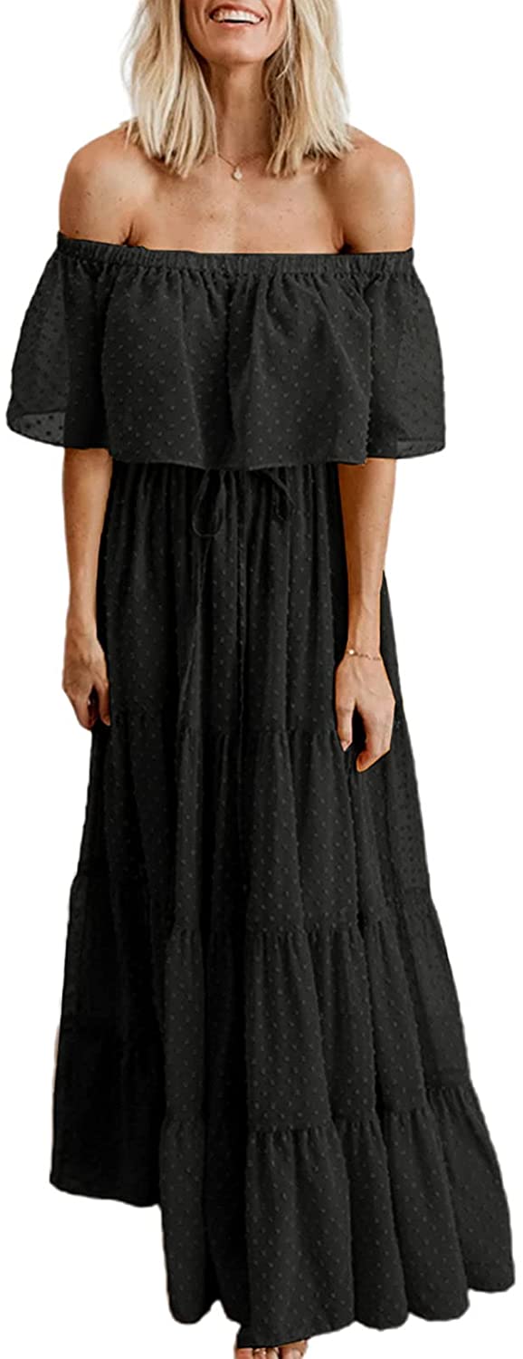 Womens Casual Floral Lace Swiss Dots Off The Shoulder Long Evening Dress Cocktail Party Maxi Wedding Dresses