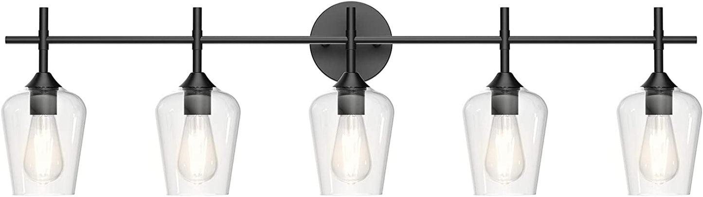 Ralbay Vintage Black Bathroom Vanity Light 5-Lights Industrial Matte Black Finish with Clear Glass Vanity Lights Farmhouse Bathroom Lighting fixtures