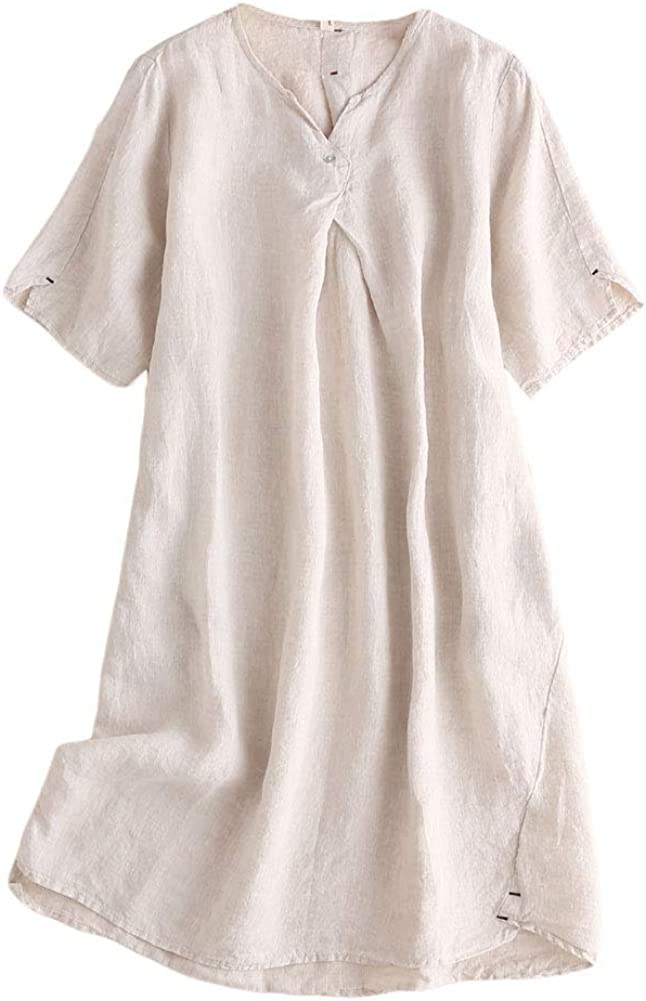 Women's Linen Tunic Dresses V-Neck Baggy Midi Dress Hi-Low Tops