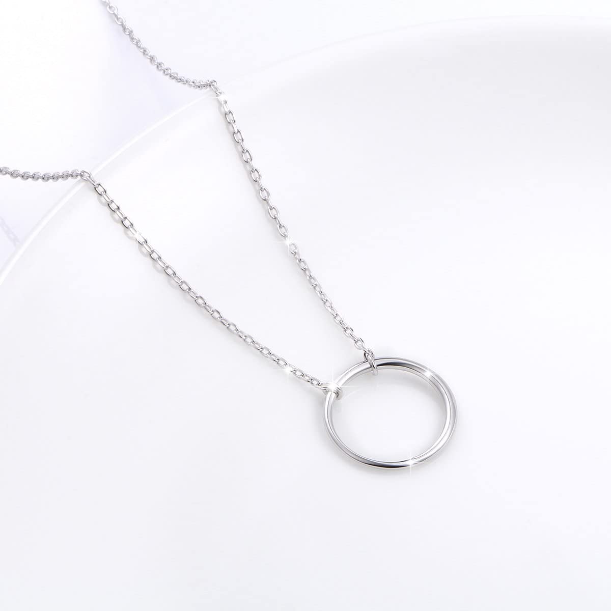 Ladytree S925 Sterling Silver Dainty Simple Circle Pendant Eternity Necklace,Rolo Chain,18+2