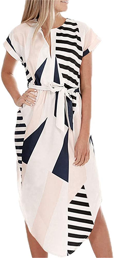 Womens Midi Dresses Summer V-Neck Short Sleeve Casual Office Geometric Belted Dress