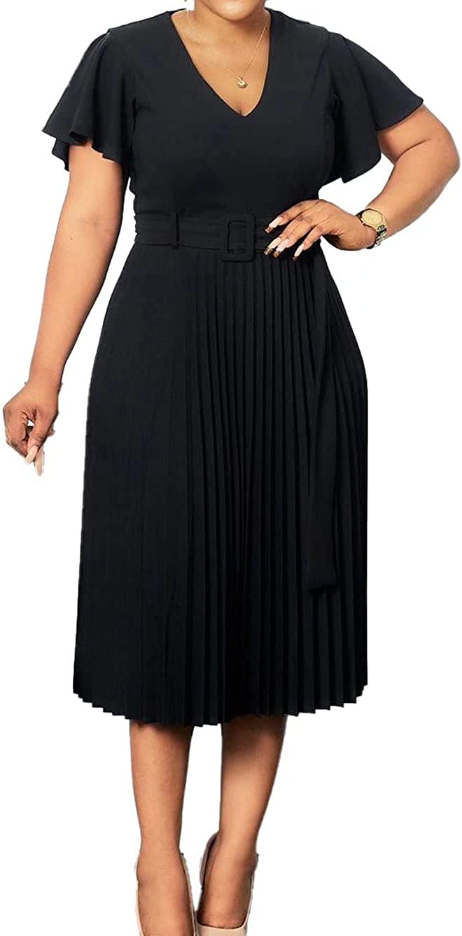 Women's Elegant Wear to Work Belted Pleated Flared Short Sleeve V Neck Casual Midi Dress for Cocktail Party