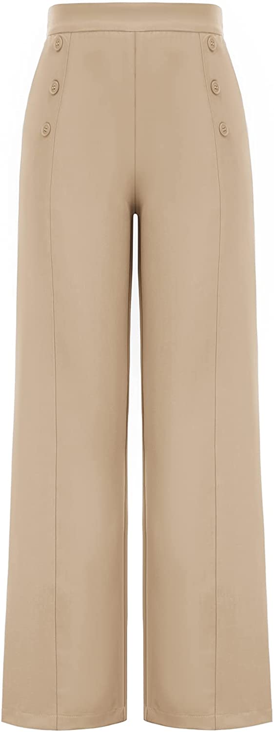Women's High Waisted Wide Leg Pants Button Decorated Casual Stretchy Trousers with Pockets
