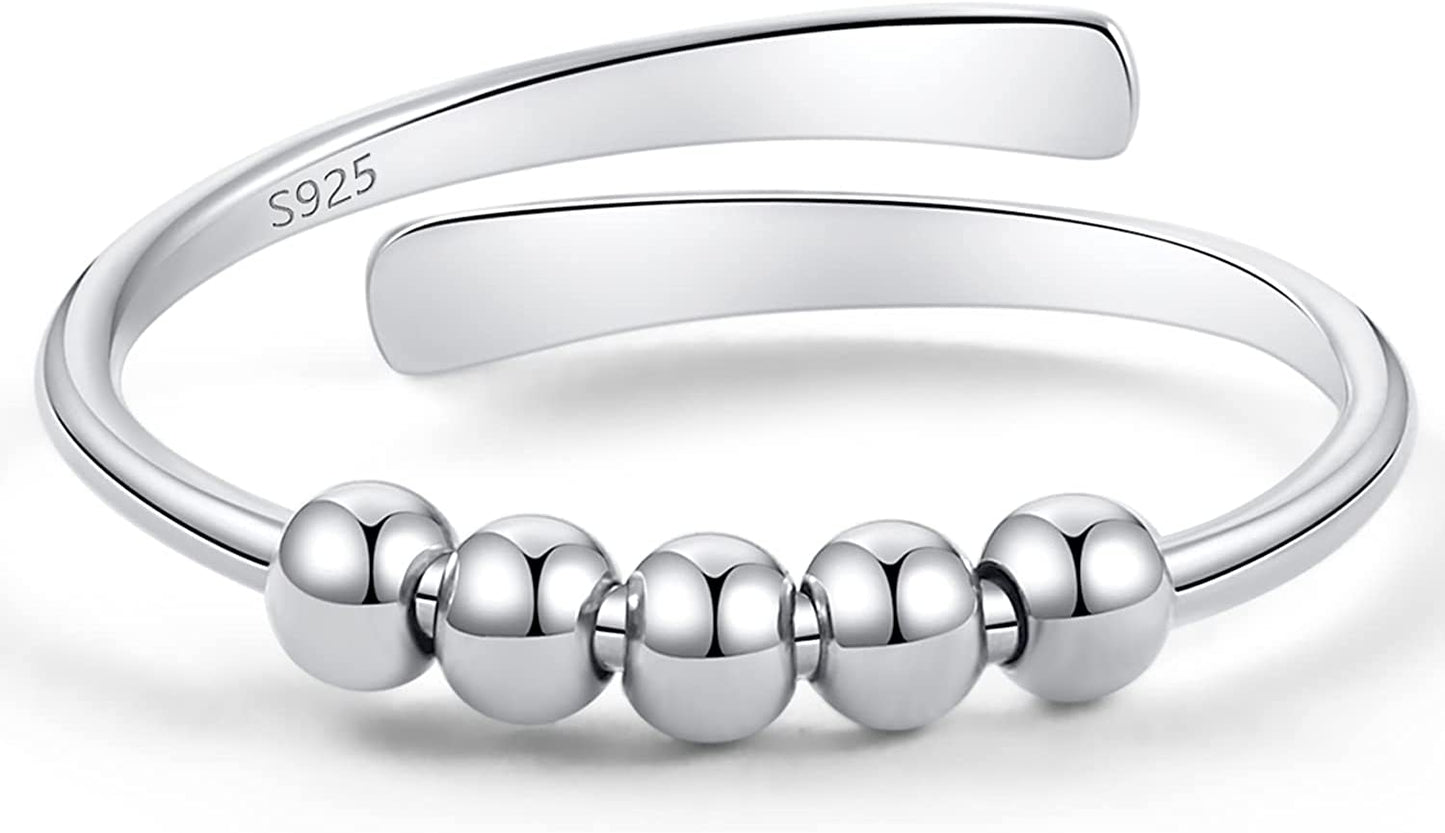 925 Sterling Silver Anti Anxiety Ring for Women Men Anxiety Relief Ring with Beads Spinning Rings for Anxiety Fidget Spinner Anxiety Ring Adjustable Minimalist Rings