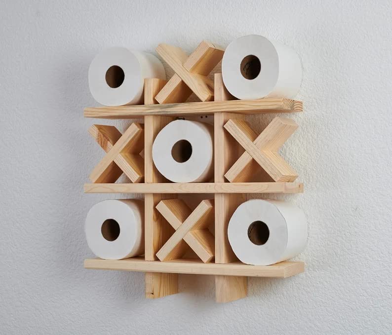 Bath Roll Holder - Tic Tac Toe - Blue Pine - Toilet Paper Display - Bath Room Decor - Bath Room Organization - Handmade 16 x 16 (Stained/Chestnut - X Black)