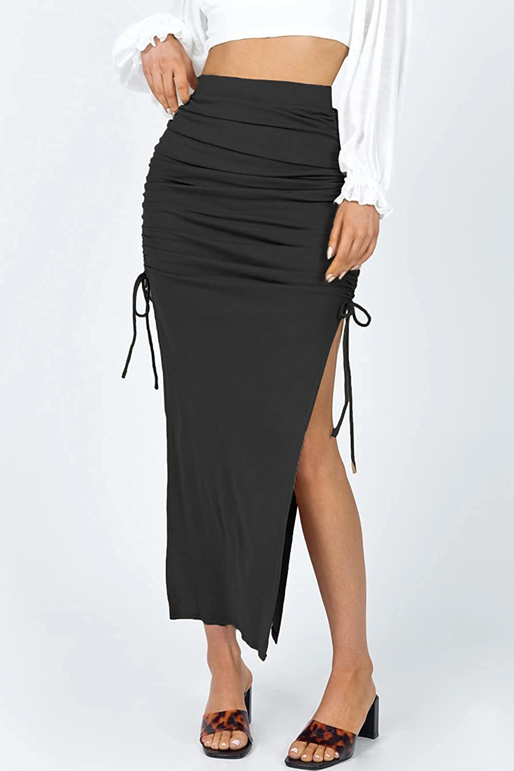 Women's Sexy High Waist Split Midi Skirts Adjust Drawstring Side Maxi Skirts
