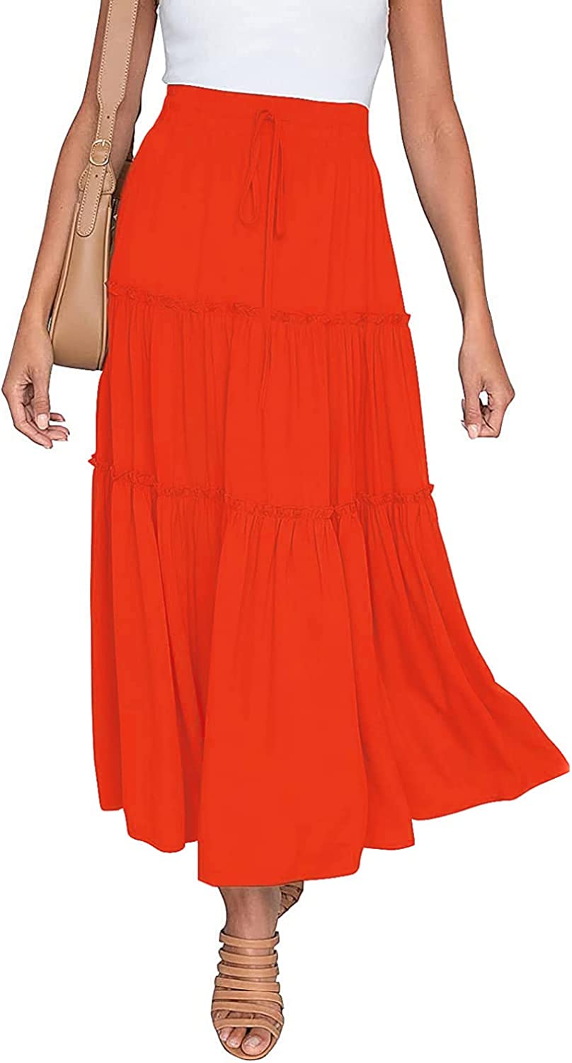 Women's Boho Elastic High Waist A Line Ruffle Swing Beach Maxi Skirt with Pockets