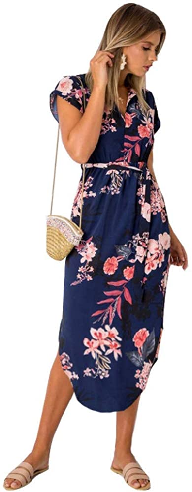 Womens Midi Dresses Summer V-Neck Short Sleeve Casual Office Geometric Belted Dress