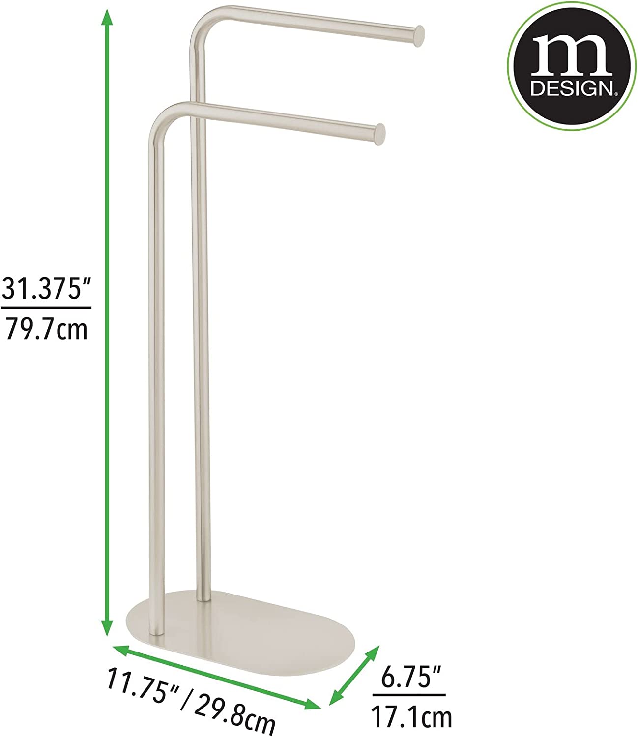 mDesign Tall Modern Metal Towel Rack Holder - 2 Tier Organizer for Bathroom Storage and Organization Next to Tub or Shower, Holds Bath & Hand Towels, Washcloths - Satin