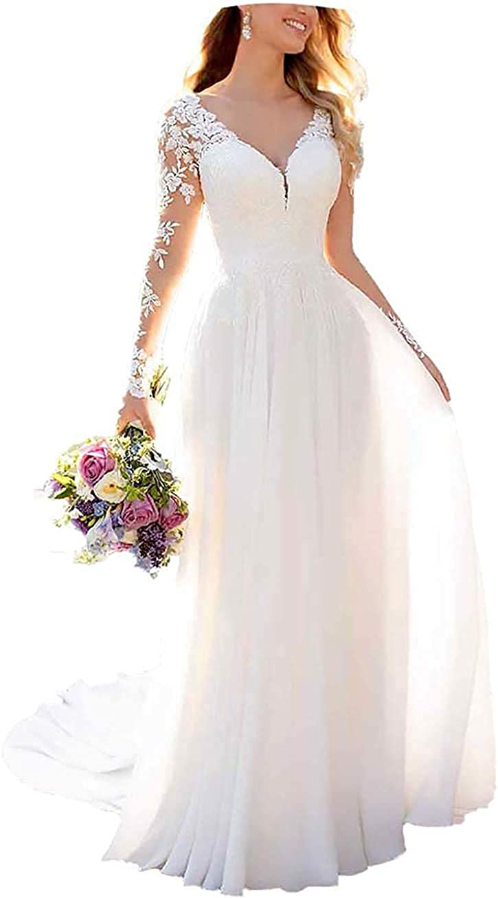 Women's Lace Chiffon Beach Wedding Dresses for Bride 2022 with Sleeves Long Bridal Gown