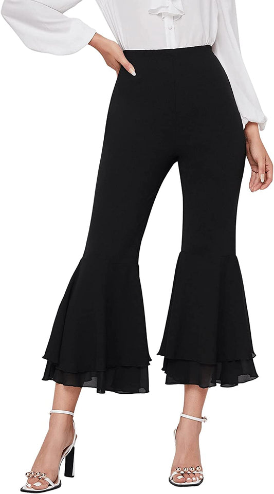 Women's Elastic Waist Layered Ruffle Flare Bell Cropped Pant