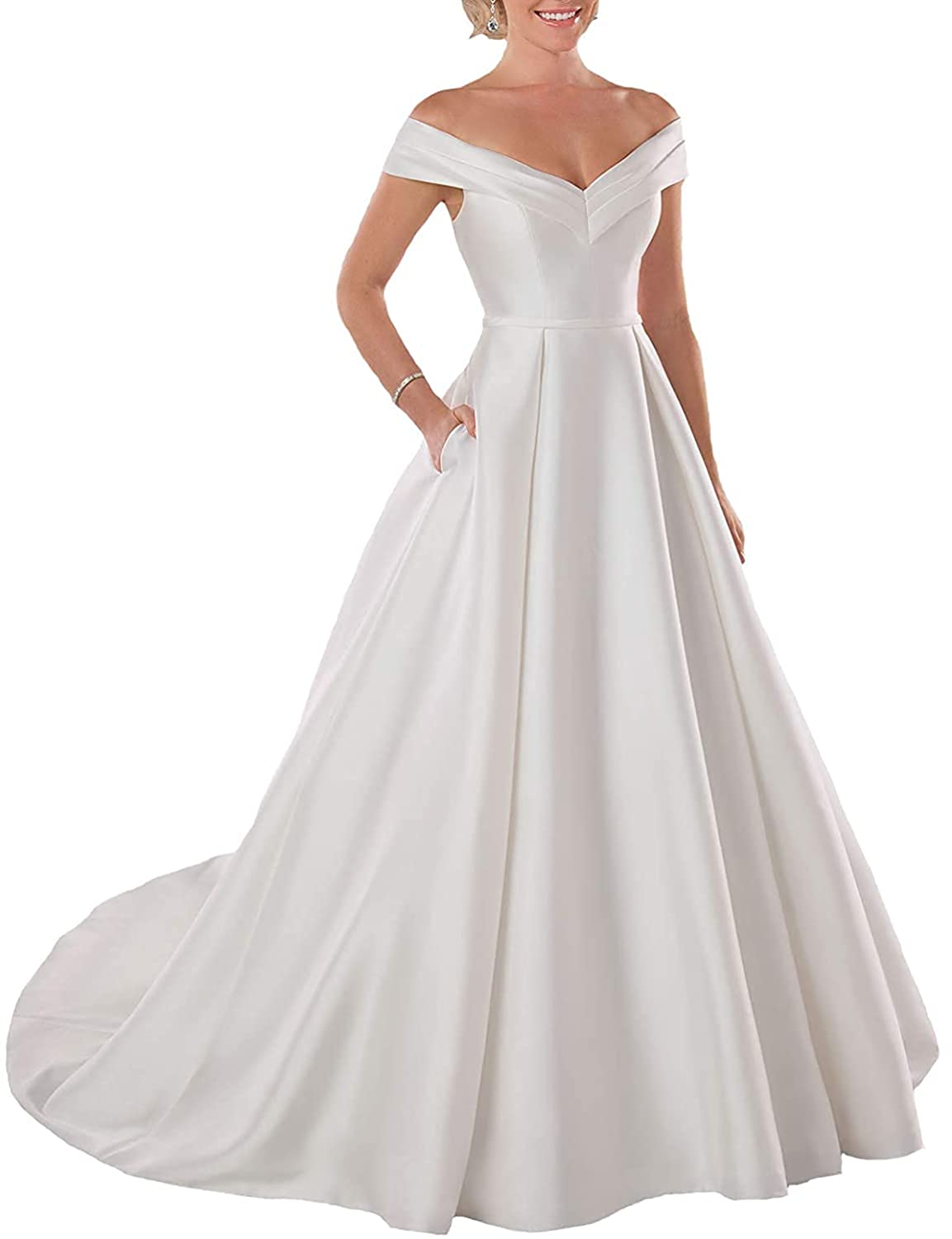 Wedding Dress Long Off The Shoulder Satin Bridal Gowns with Pockets