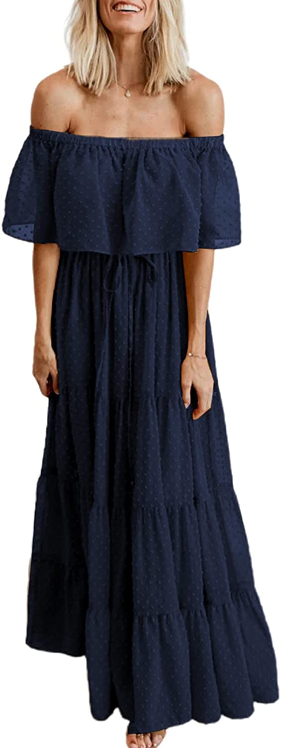 Womens Casual Floral Lace Swiss Dots Off The Shoulder Long Evening Dress Cocktail Party Maxi Wedding Dresses