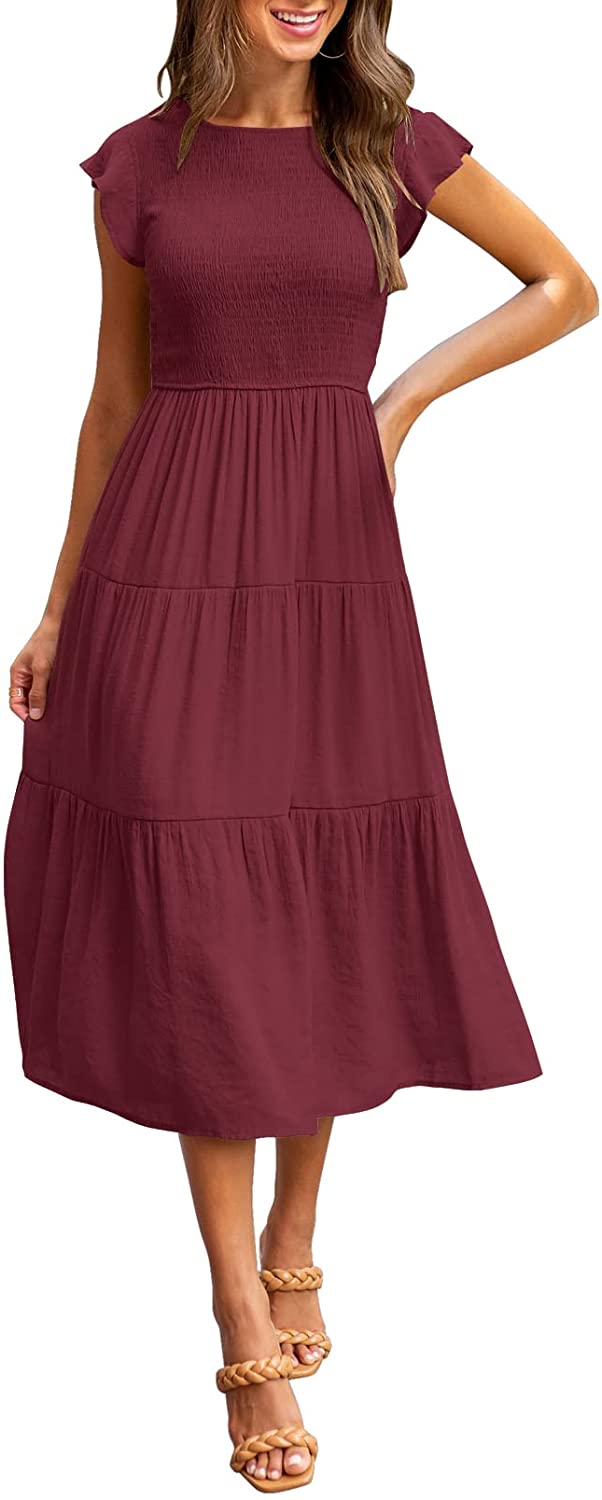 Women's Summer Casual Midi Maxi Dress Boho Flutter Sleeve Smocked A-Line Long Dress