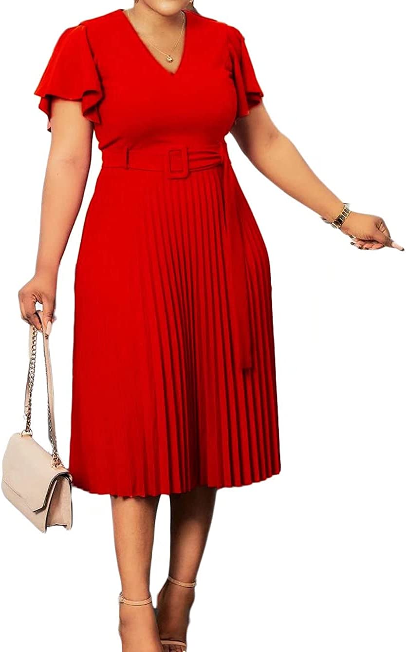 Women's Elegant Wear to Work Belted Pleated Flared Short Sleeve V Neck Casual Midi Dress for Cocktail Party