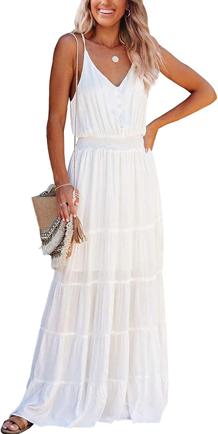 Women's Causal Summer Dress Spaghetti Strap Sleeveless High Waist Beach Long Maxi Dresses