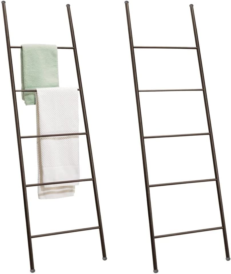 mDesign Metal Free Standing Bath Towel Blanket Ladder Storage Organization, Rack for Bathroom, Bedroom, Laundry Room - 2 Pack - Bronze