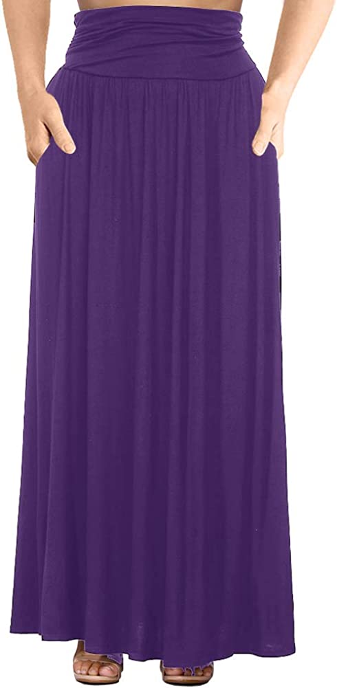 Women's Plus Size Shirring High Waist Pleated Long Maxi Skirt with Pockets