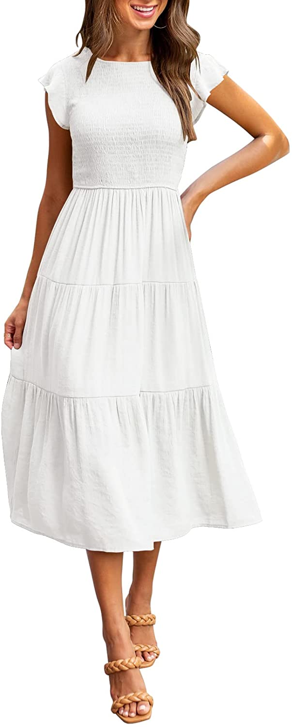 Women's Summer Casual Midi Maxi Dress Boho Flutter Sleeve Smocked A-Line Long Dress