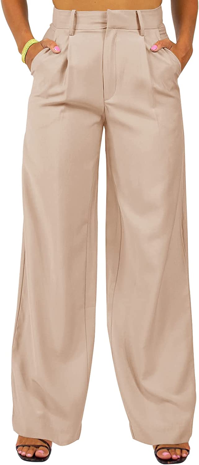 Womens Wide Leg Dress Pants High Waisted Work Business Casual Flowy Trousers Light Khaki