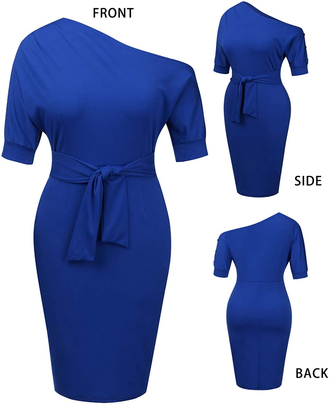 Womens Wear to Work Casual one Shoulder Belted Pencil Dress with Pockets