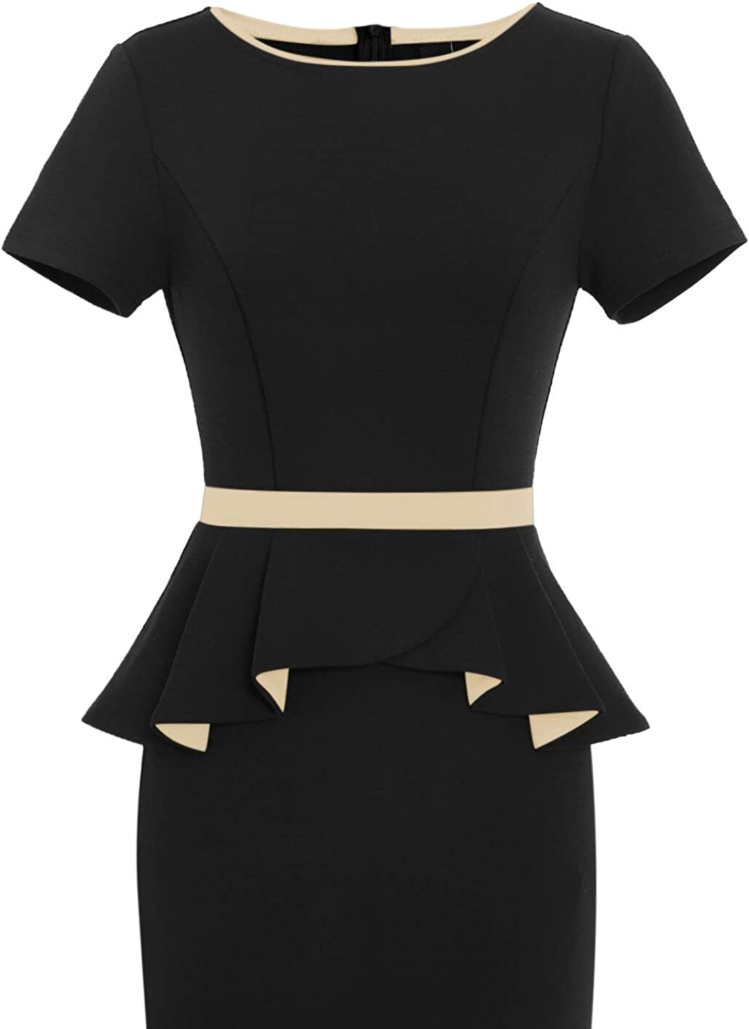 Womens Crew Neck Peplum Colorblock Work Business Office Bodycon Pencil Dress