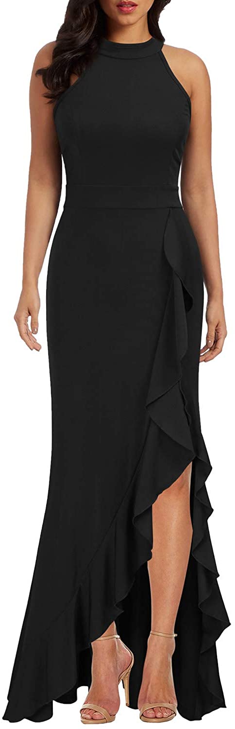 Women's High Neck Split Bodycon Mermaid Evening Cocktail Long Dress