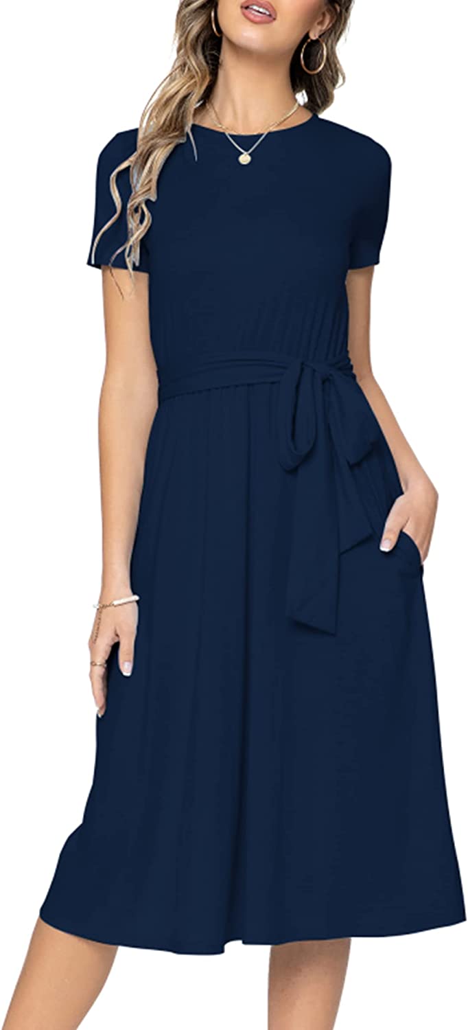 Women's Short Sleeve Striped Casual Flowy Midi Belt Dress with Pockets