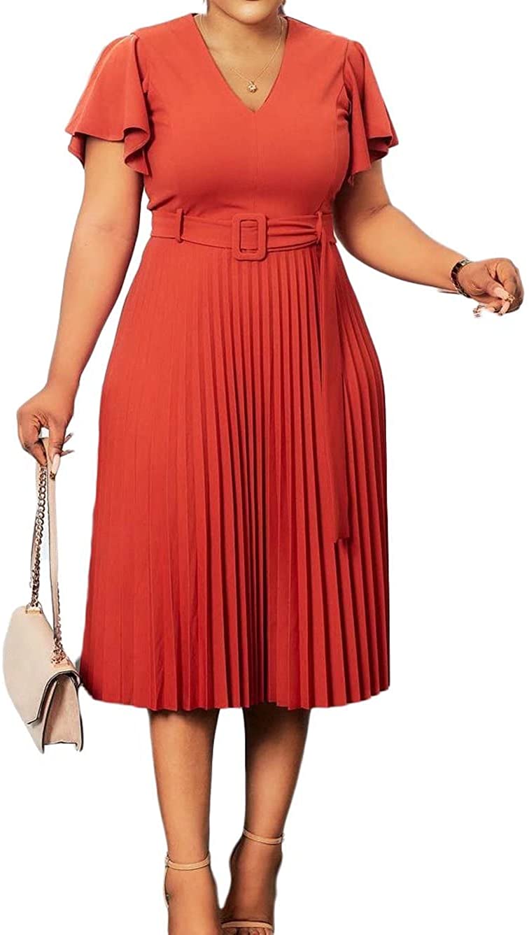 Women's Elegant Wear to Work Belted Pleated Flared Short Sleeve V Neck Casual Midi Dress for Cocktail Party