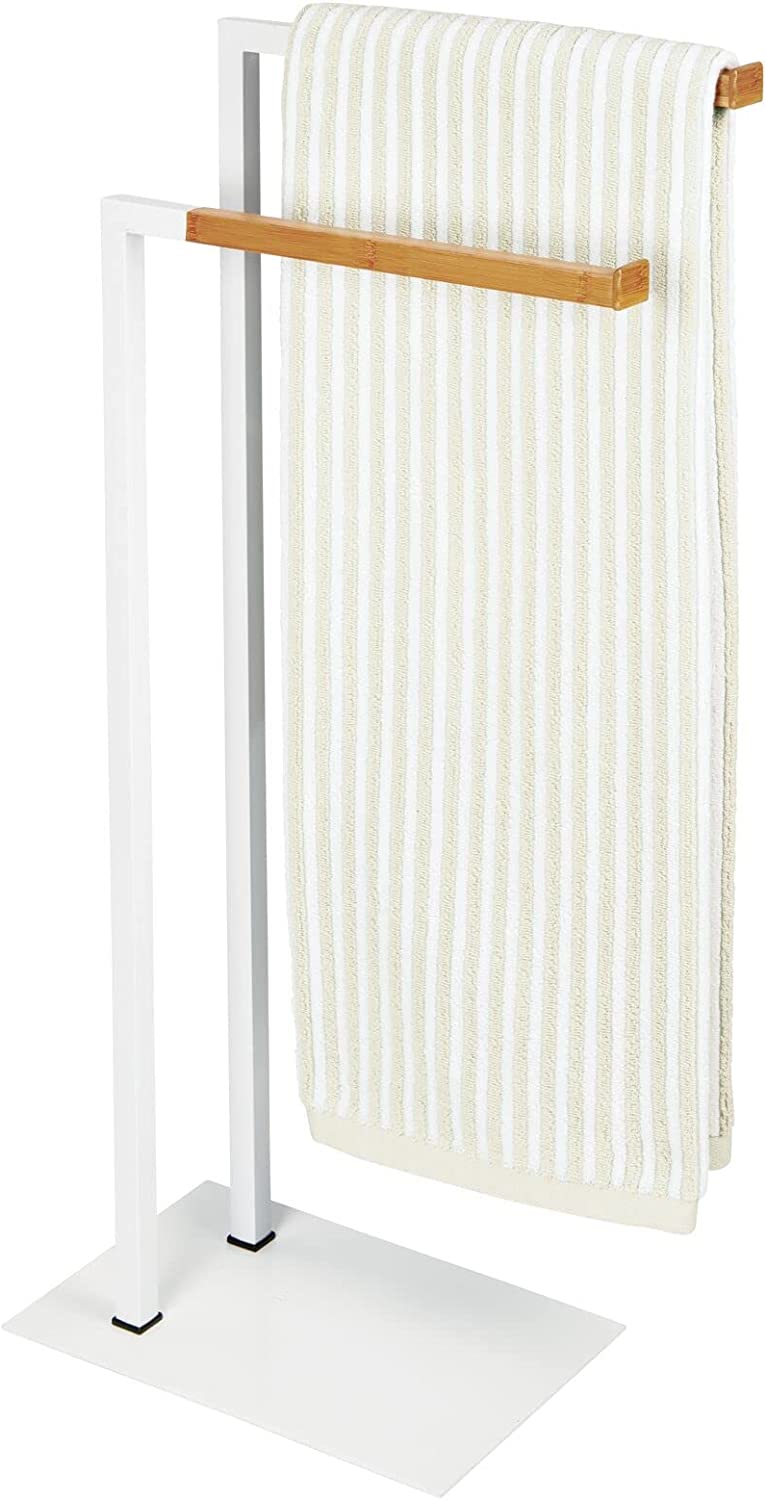 mDesign Tall Modern Metal and Bamboo Wood Towel Rack Holder - 2 Tier Organizer for Bathroom Storage and Organization Next to Tub or Shower, Holds Bath & Hand Towels, Washcloths - White/Natural