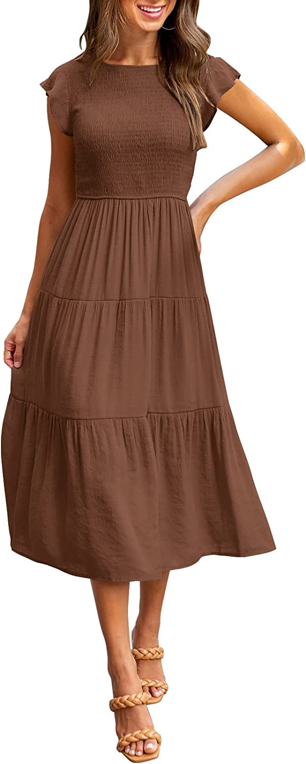 Women's Summer Casual Midi Maxi Dress Boho Flutter Sleeve Smocked A-Line Long Dress