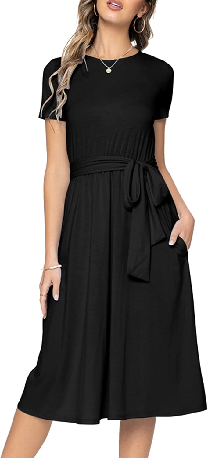 Women's Short Sleeve Striped Casual Flowy Midi Belt Dress with Pockets